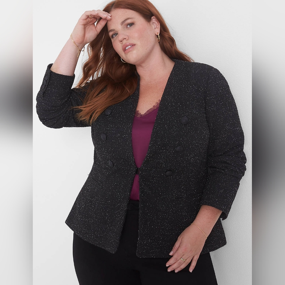 Lane Bryant Black Knit Tweed Collarless Blazer Jacket Women's Plus Size 18